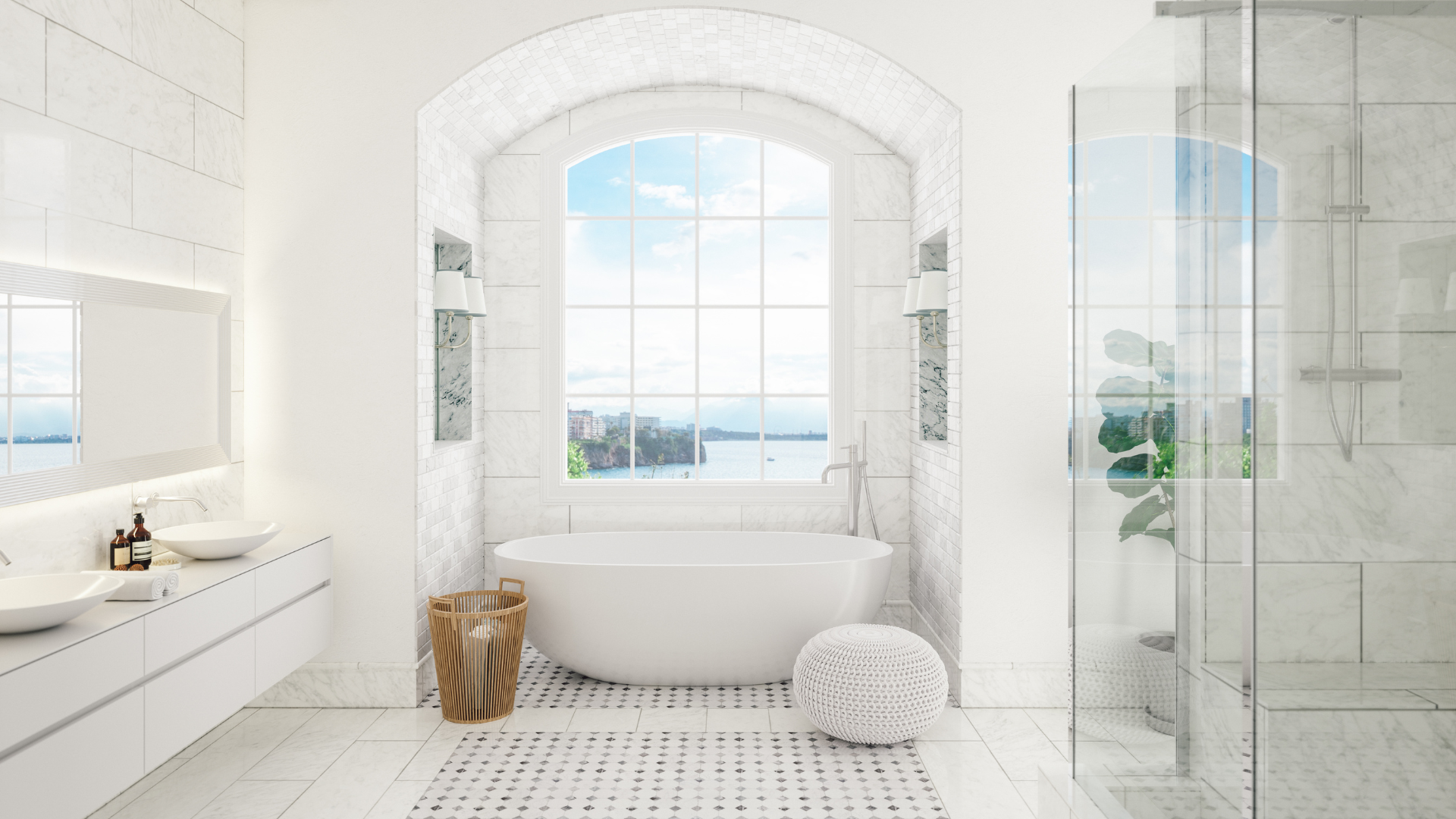 Spacious white bathroom featuring a freestanding tub, large window with a scenic view, and marble finishes.